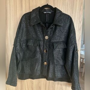 Zara  metallic tweed metal buttons Oversized black Womens jacket Medium Large